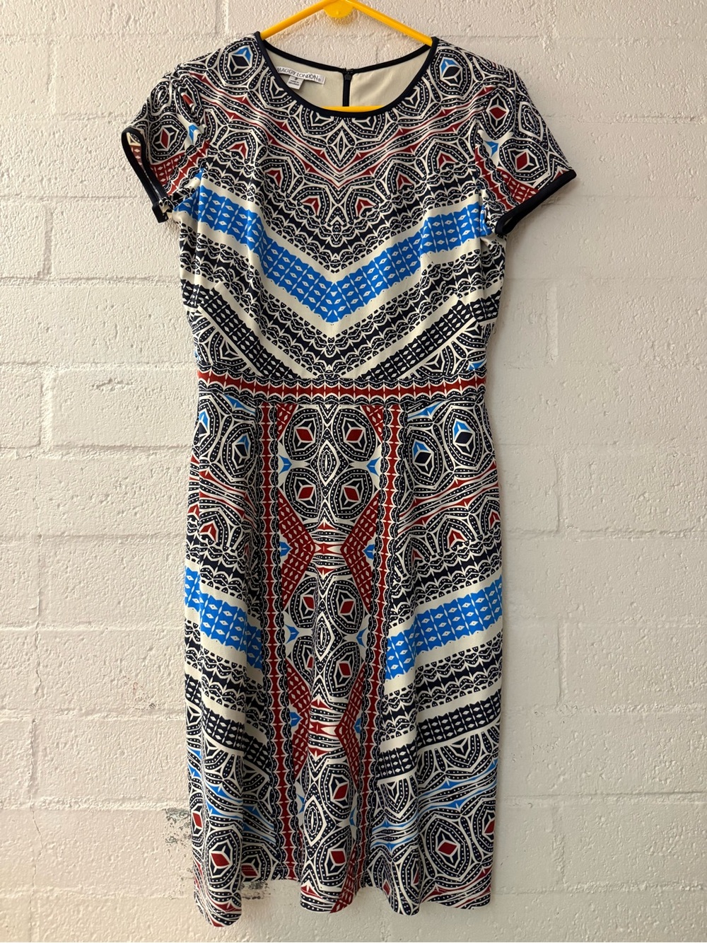 Maggy London Geo-Print Short Sleeve Dress in Blue, Red, Black & Cream